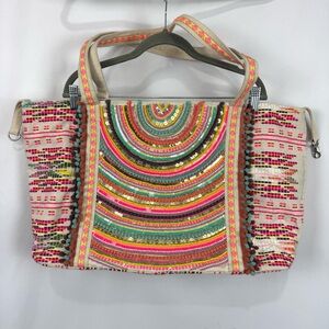 AMERICA & BEYOND Bohemian Vibrant Hand Embellished Rainbow Hand Beaded Tote Bag